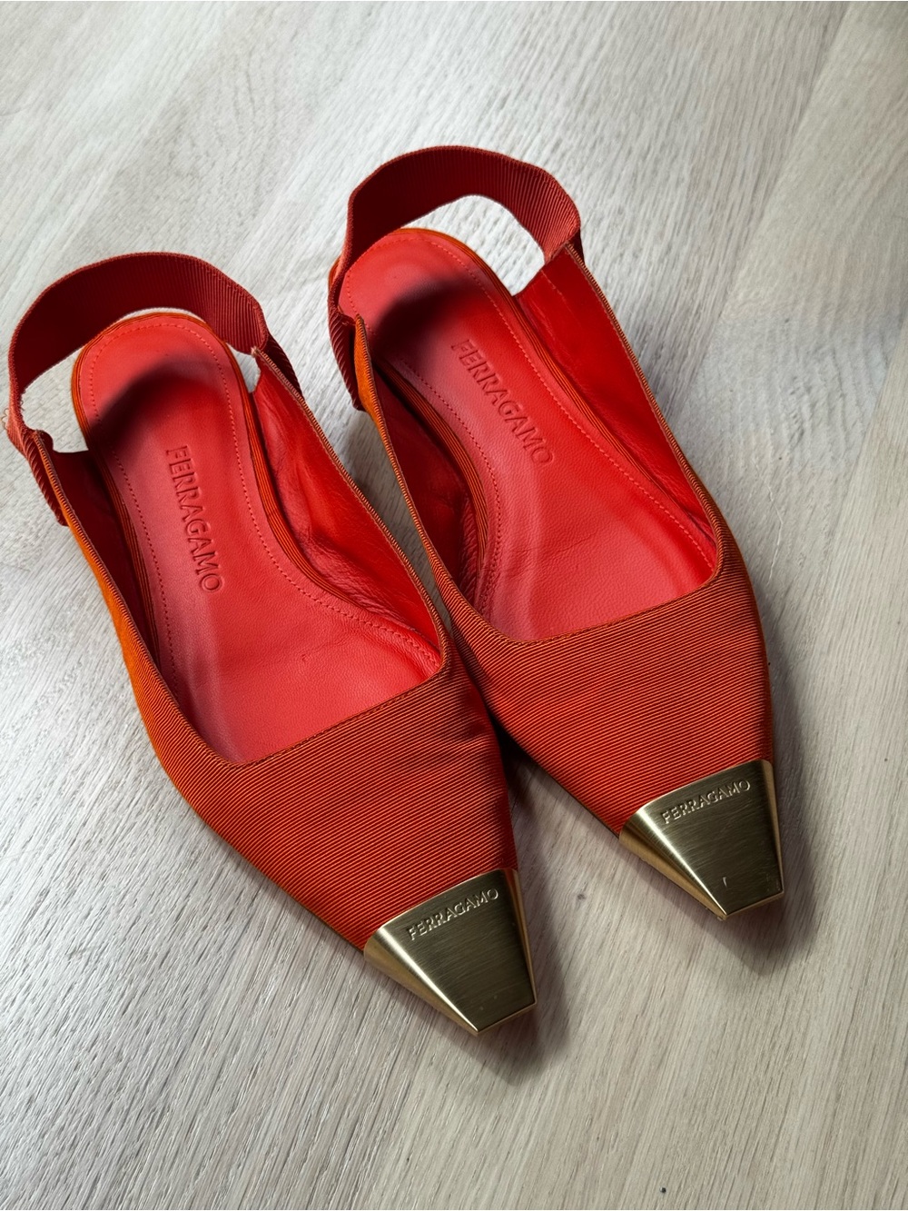 Ferragamo Orange Pointed Toe Slingback Flats  with Gold Accent